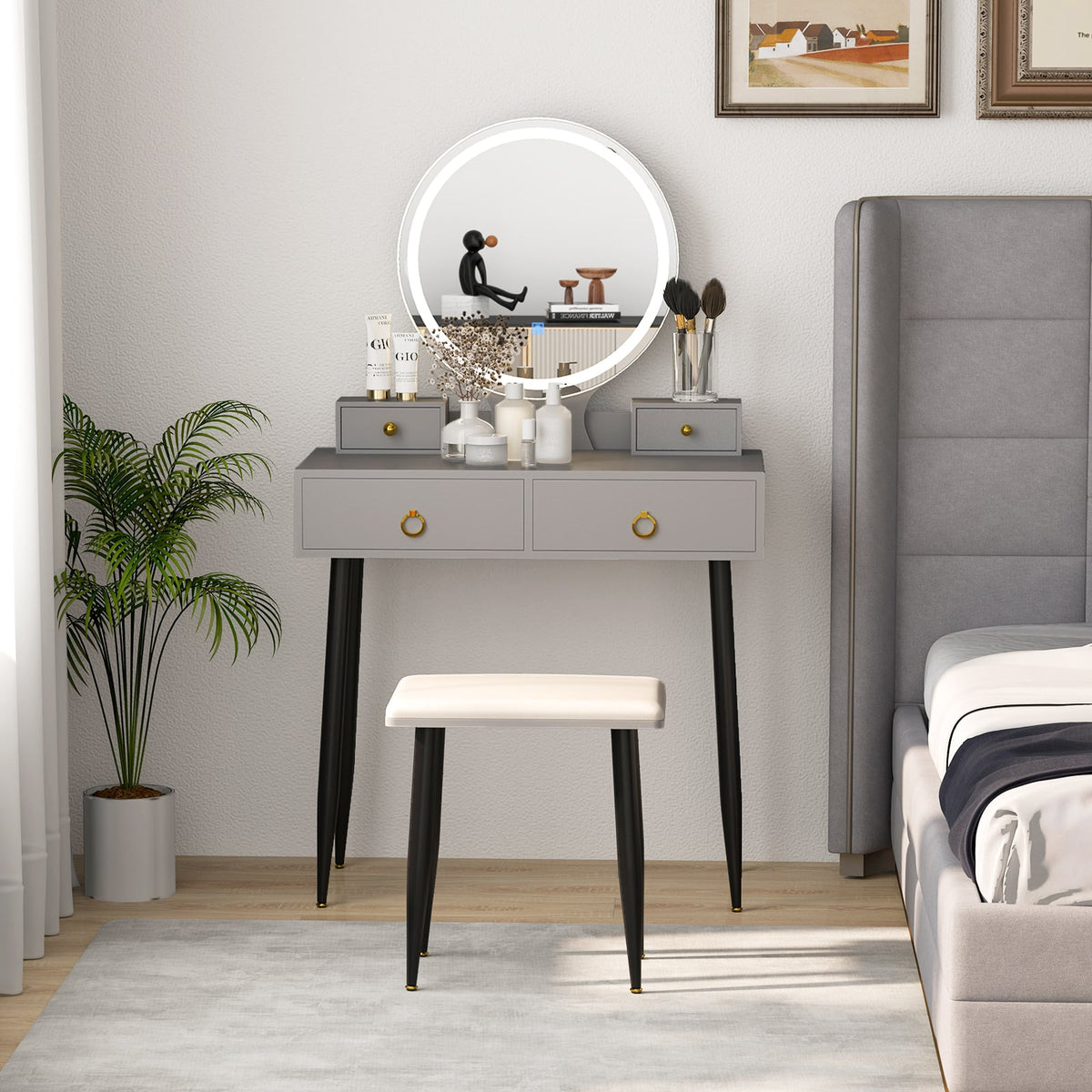 Coiffeuse 4 tiroirs avec miroir DEL 3 couleurs et tabouret