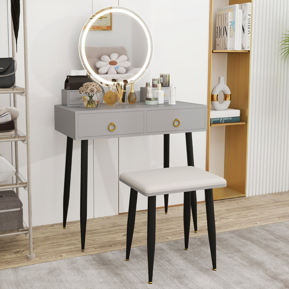 Coiffeuse 4 tiroirs avec miroir DEL 3 couleurs et tabouret