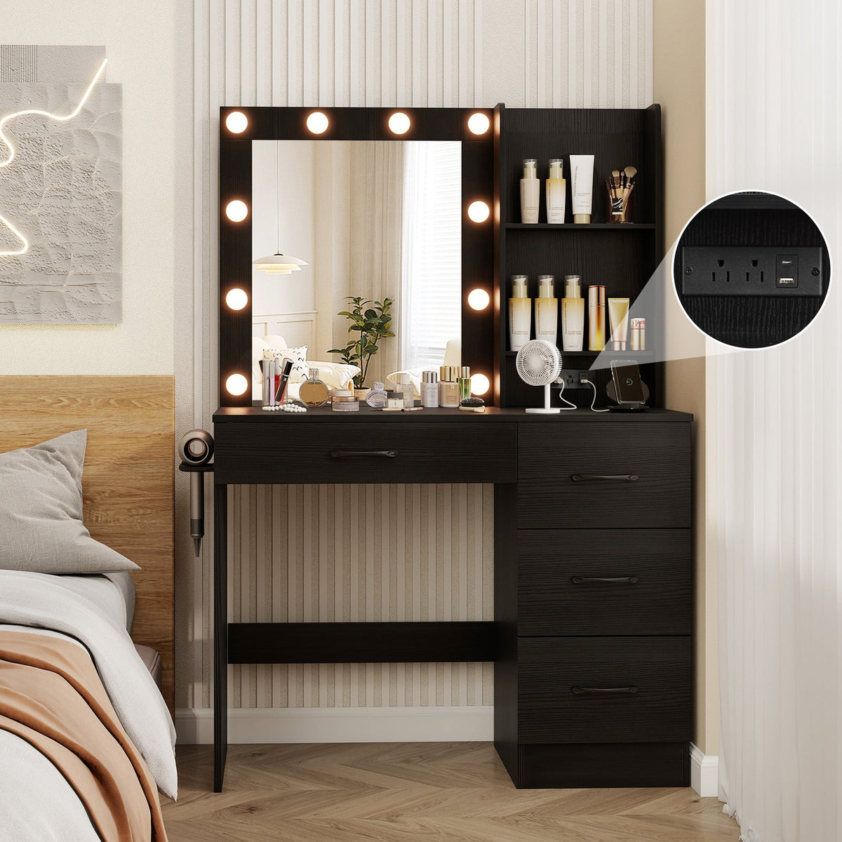 Coiffeuse lumineuse avec miroir et prises de courant