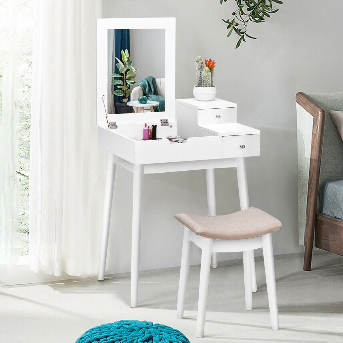 Coiffeuse avec miroir rabattable et tabouret