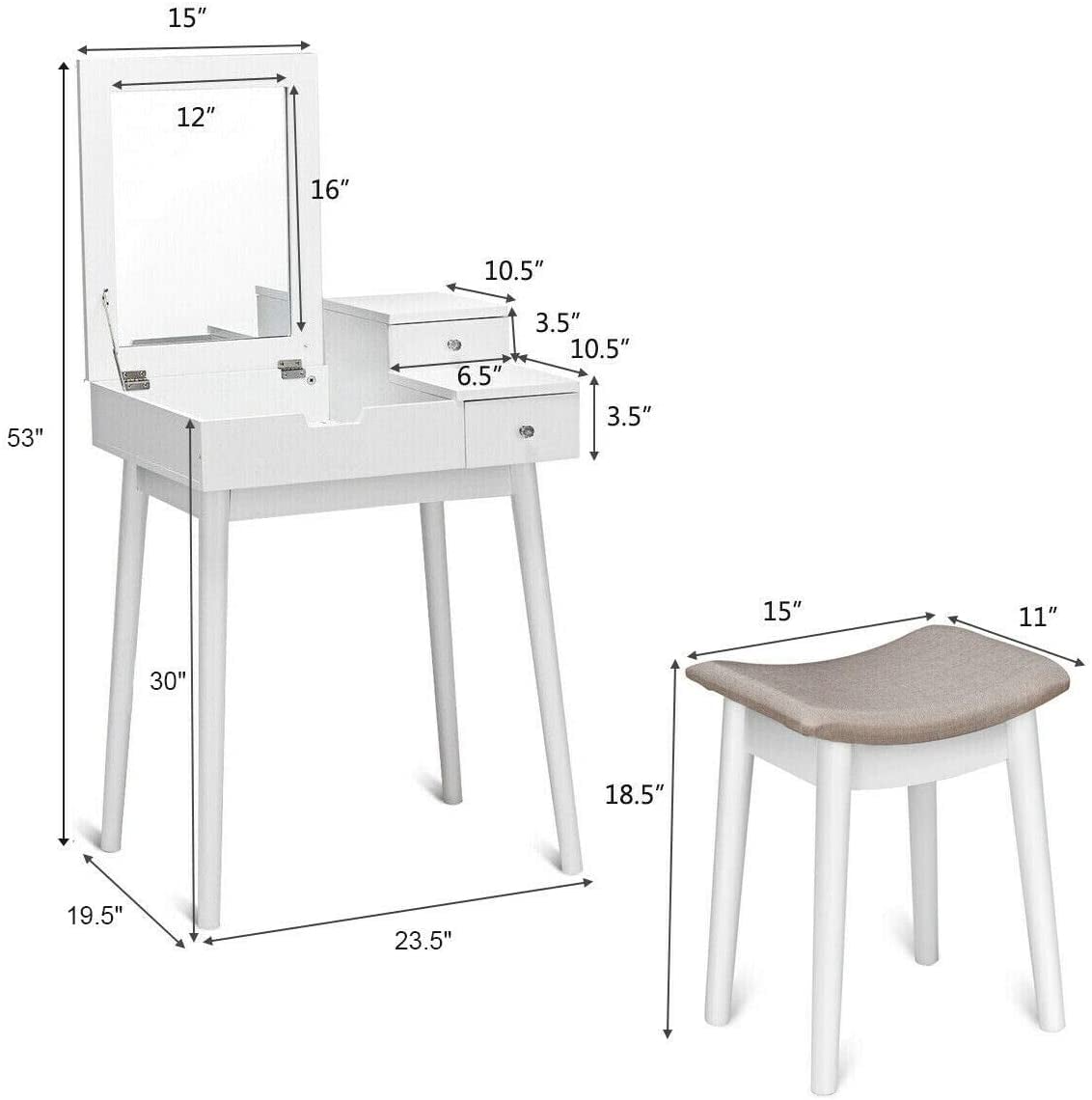 Coiffeuse avec miroir rabattable et tabouret