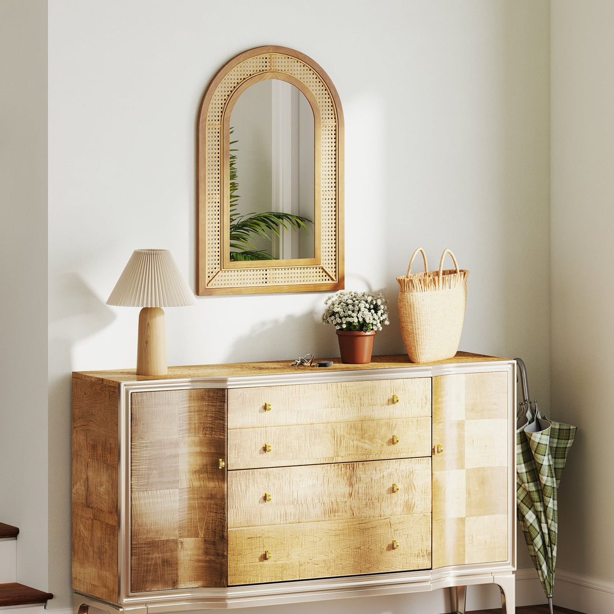 Miroir mural décoratif en rotin avec cadre en bois