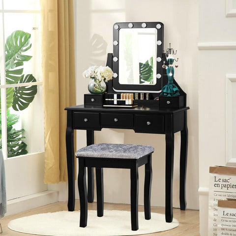 5-Drawer Vanity with 10-Bulb Swivel Mirror and Stool
