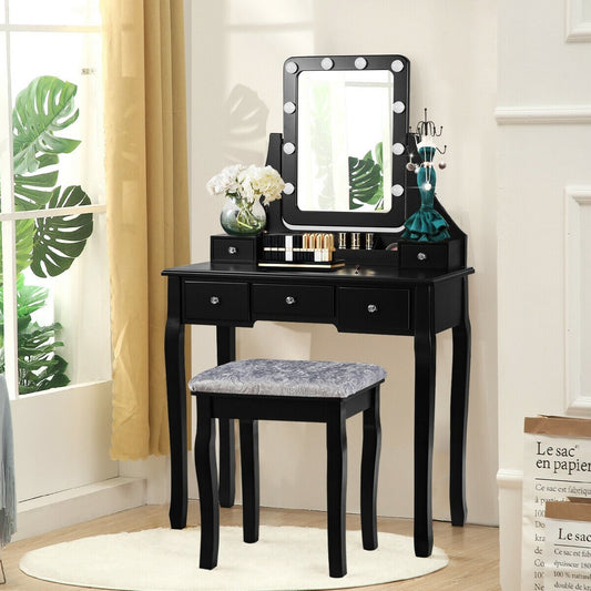 Coiffeuse 5 tiroirs avec miroir pivotant à 10 ampoules et tabouret