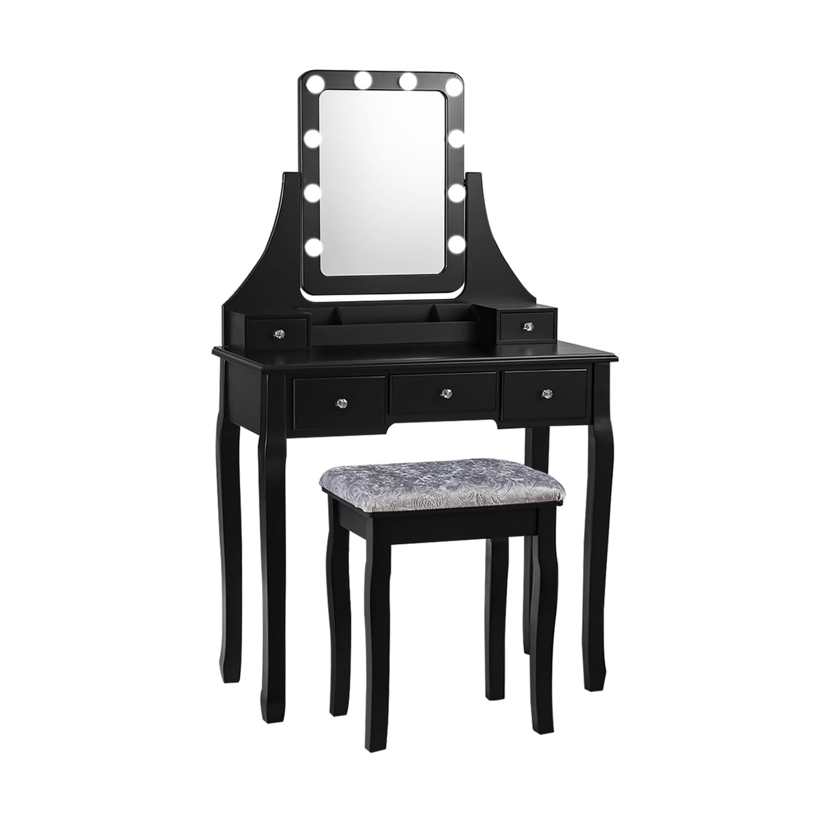Coiffeuse 5 tiroirs avec miroir pivotant à 10 ampoules et tabouret