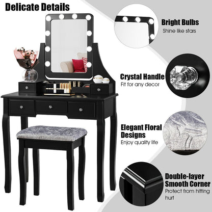 Coiffeuse 5 tiroirs avec miroir pivotant à 10 ampoules et tabouret