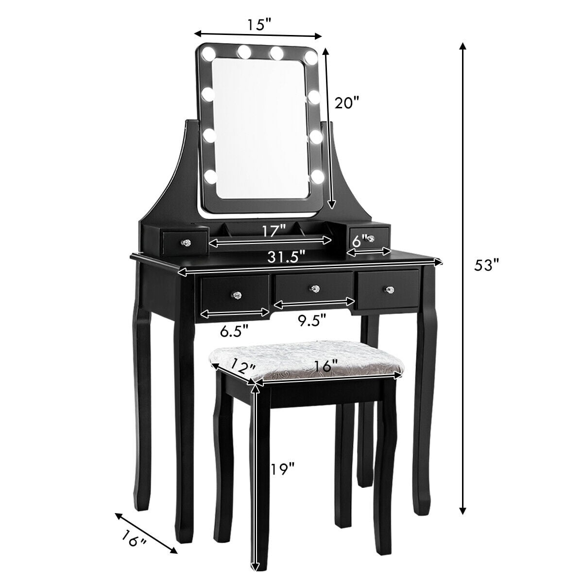 Coiffeuse 5 tiroirs avec miroir pivotant à 10 ampoules et tabouret