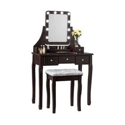 Coiffeuse 5 tiroirs avec miroir pivotant à 10 ampoules et tabouret