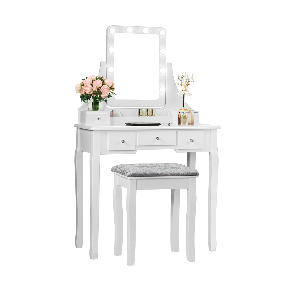 Coiffeuse 5 tiroirs avec miroir pivotant à 10 ampoules et tabouret