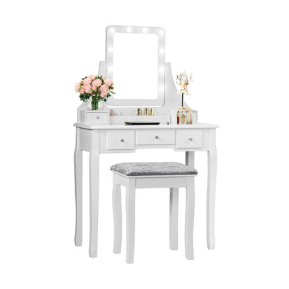 Coiffeuse 5 tiroirs avec miroir pivotant à 10 ampoules et tabouret