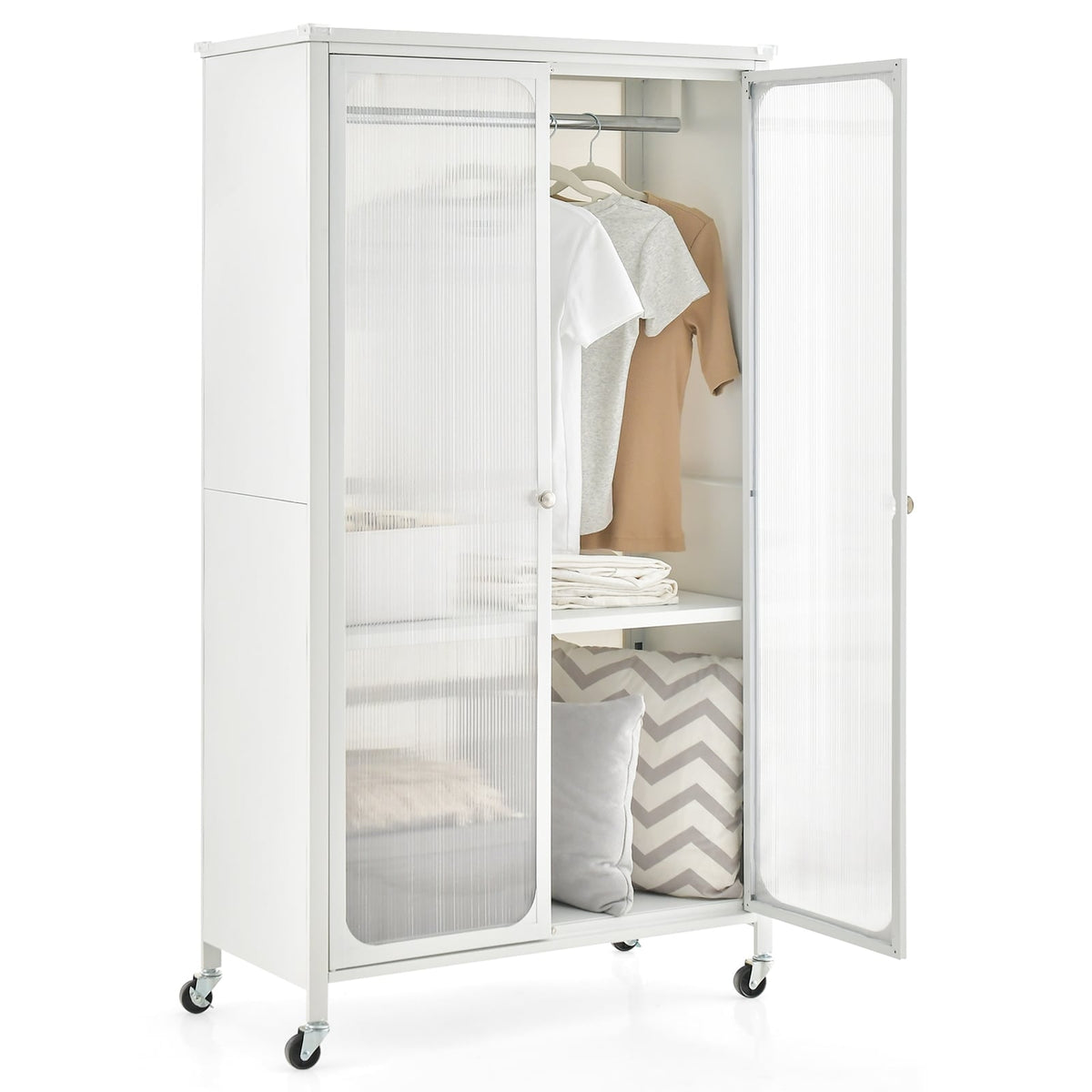Armoire de rangement sur roulettes avec tringle et étagère