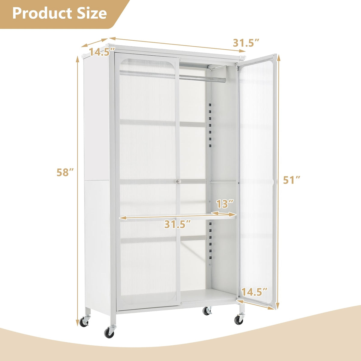Armoire de rangement sur roulettes avec tringle et étagère