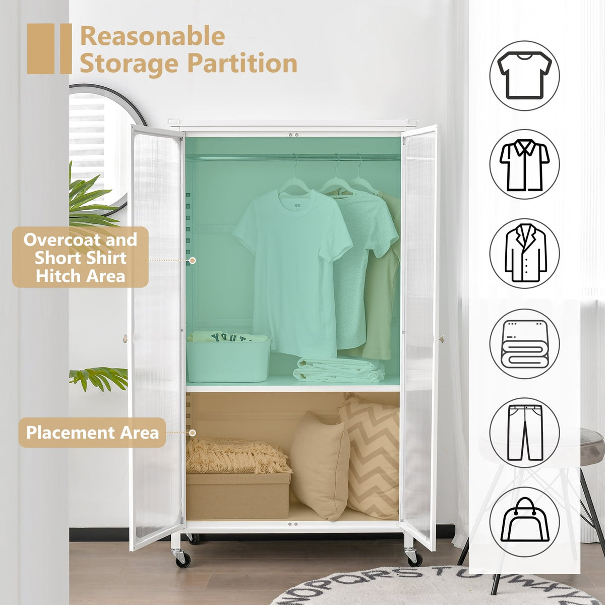 Armoire de rangement sur roulettes avec tringle et étagère