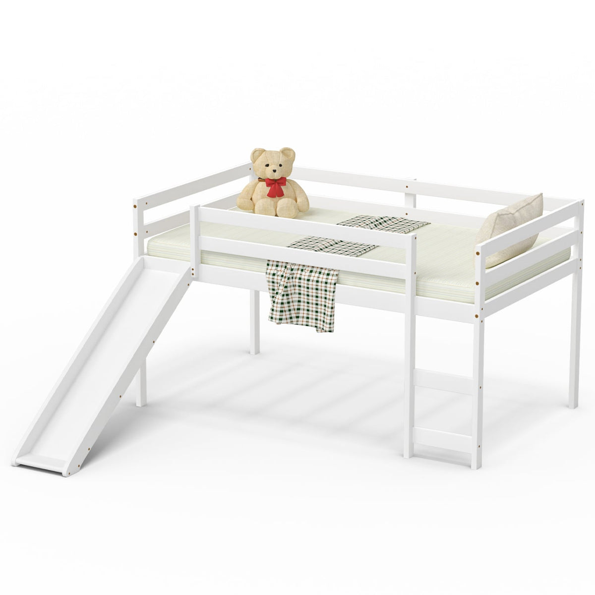 Lit mezzanine bas robuste pour enfant avec glissade en bois