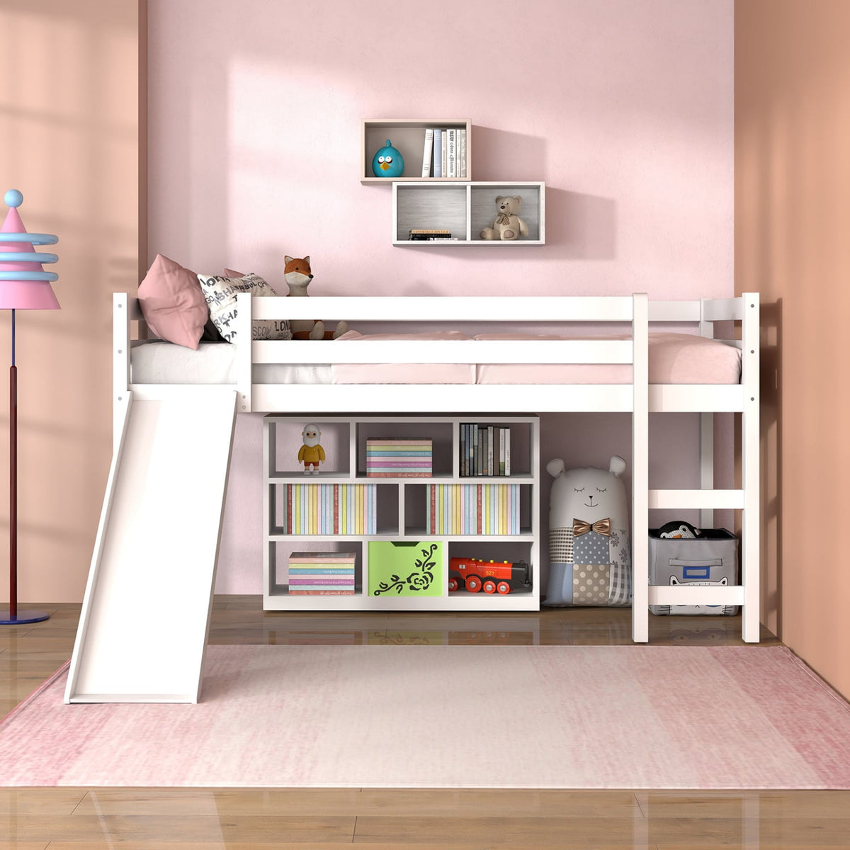 Lit mezzanine bas robuste pour enfant avec glissade en bois