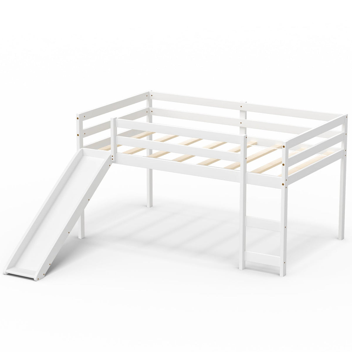 Lit mezzanine bas robuste pour enfant avec glissade en bois
