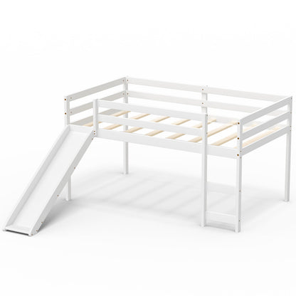 Lit mezzanine bas robuste pour enfant avec glissade en bois
