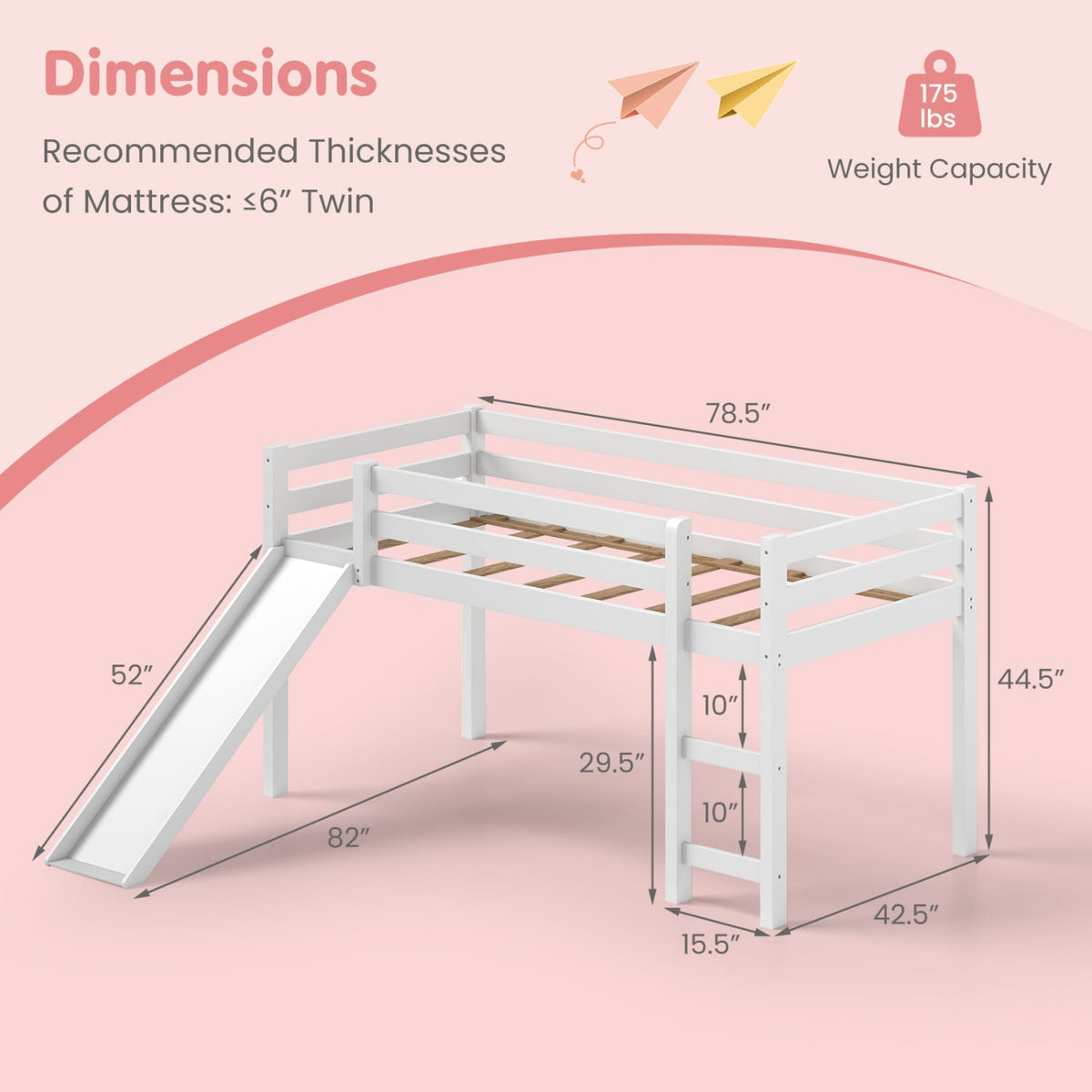Lit mezzanine bas robuste pour enfant avec glissade en bois