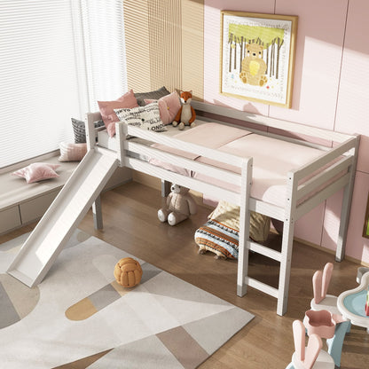 Lit mezzanine bas robuste pour enfant avec glissade en bois