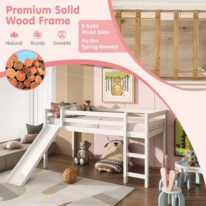 Lit mezzanine bas robuste pour enfant avec glissade en bois