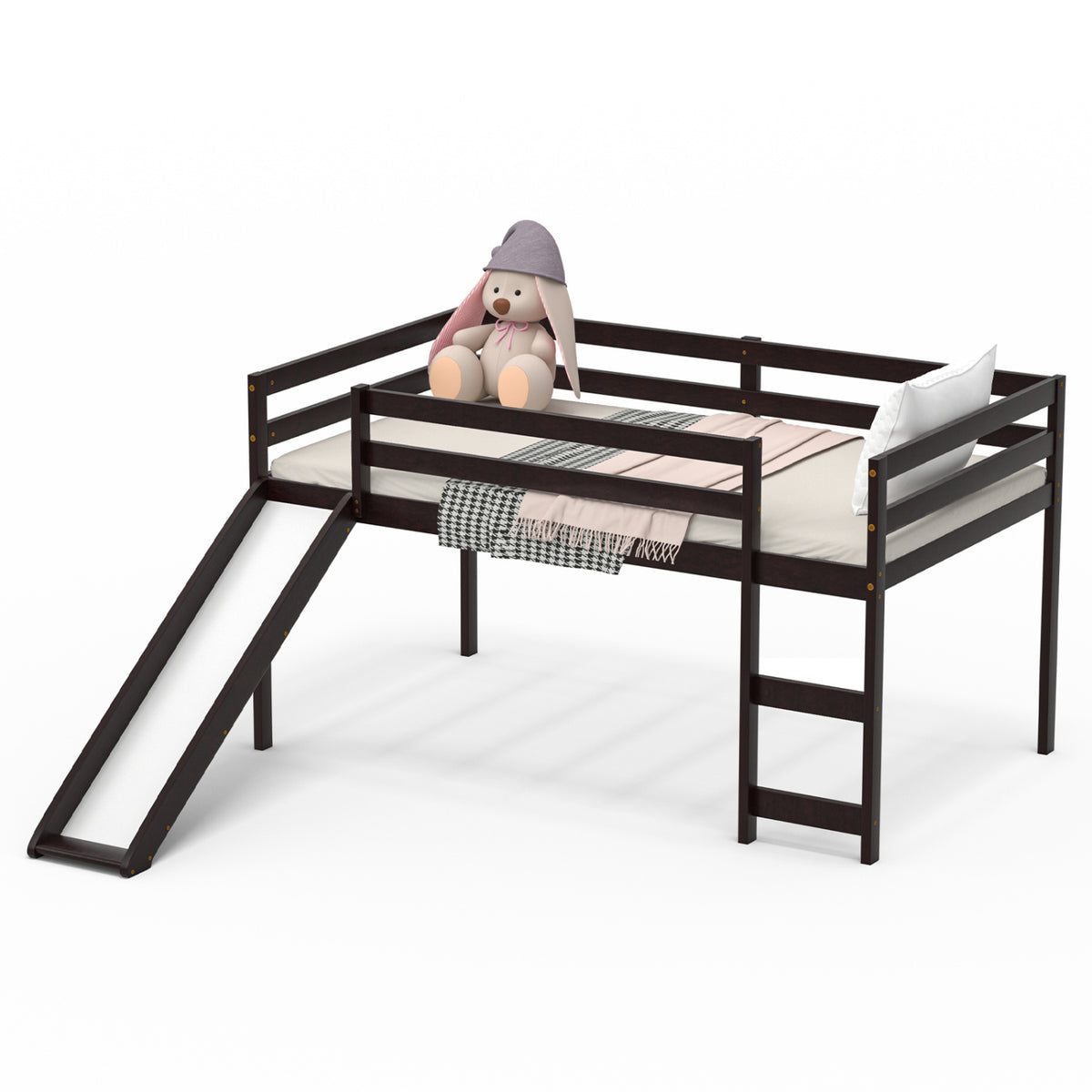 Lit mezzanine bas robuste pour enfant avec glissade en bois