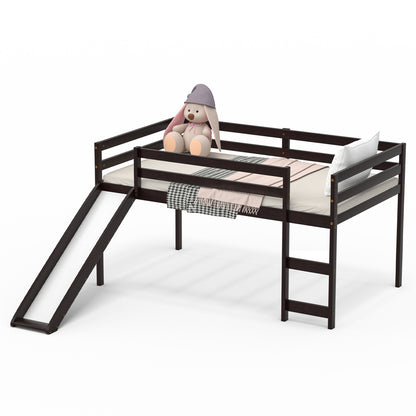 Lit mezzanine bas robuste pour enfant avec glissade en bois