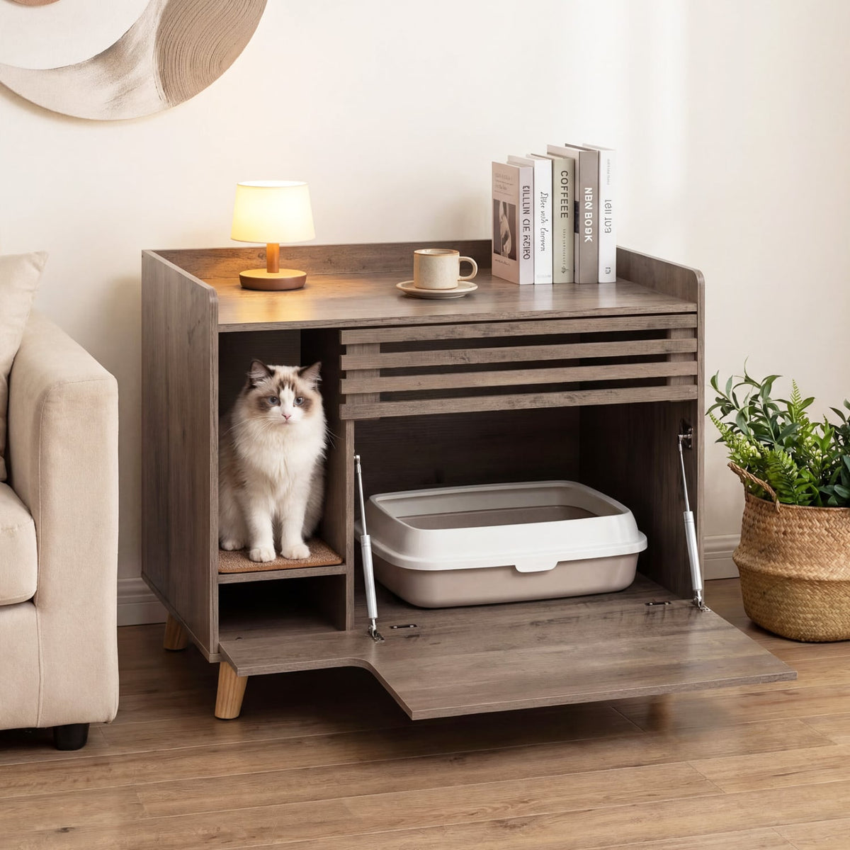 Litière pour chat meuble caché style rustique