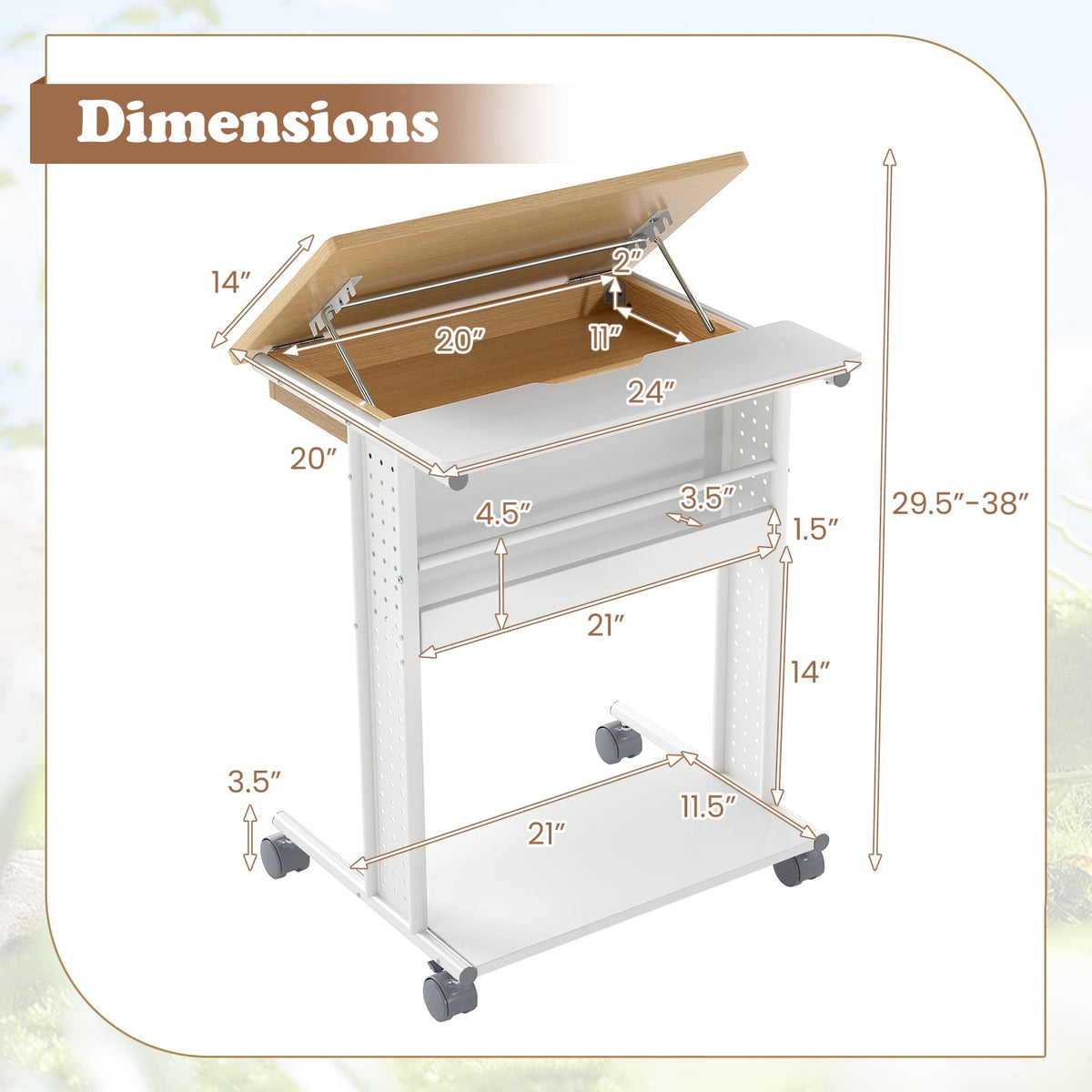 Bureau d'ordinateur portable roulant inclinable à roulettes