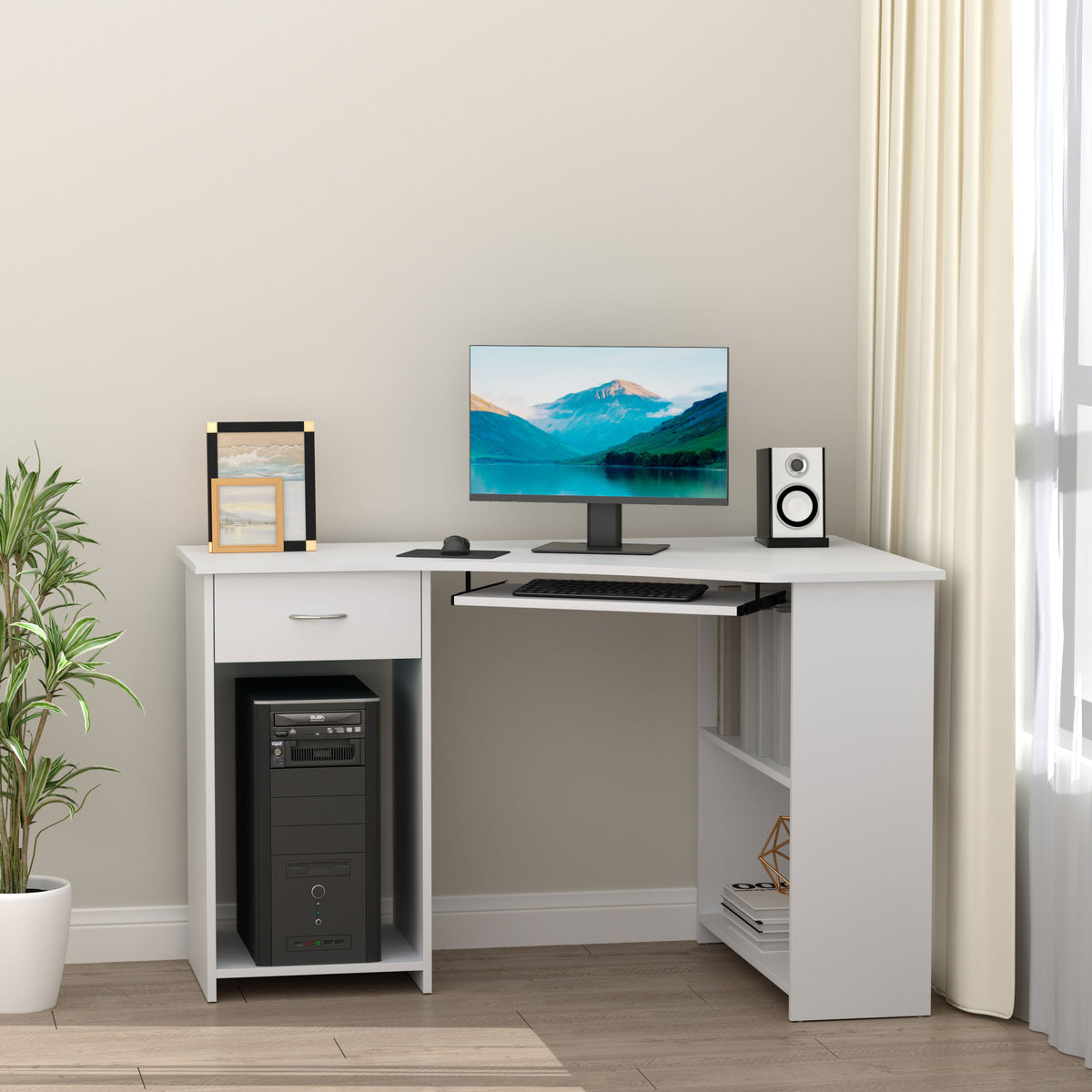 L-Shaped Desk with Drawer and Keyboard Tray