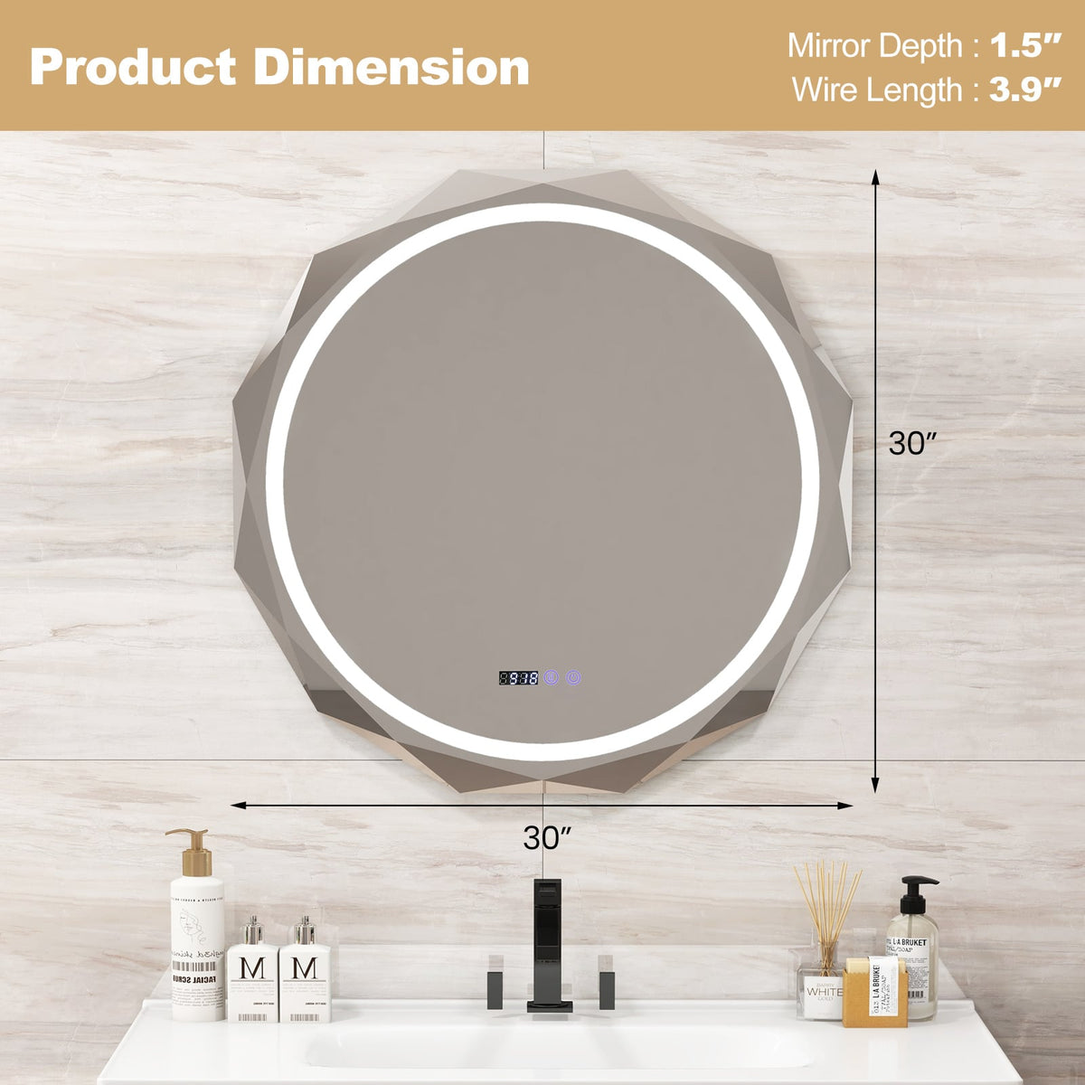 Miroir de salle de bain à DEL antibuée tactile