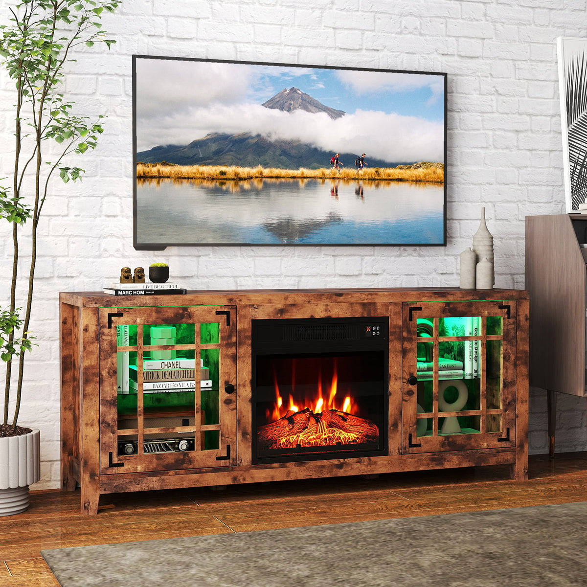 Meuble TV foyer encastré lumières DEL rustique 147 cm