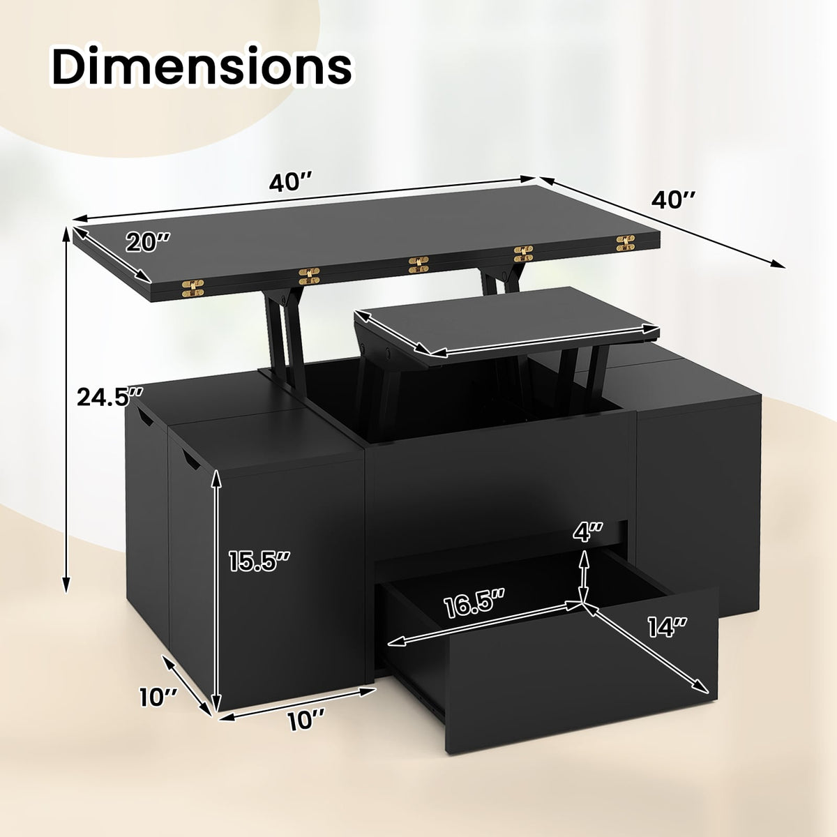 Table basse relevable extensible 3-en-1 — Lot de 5