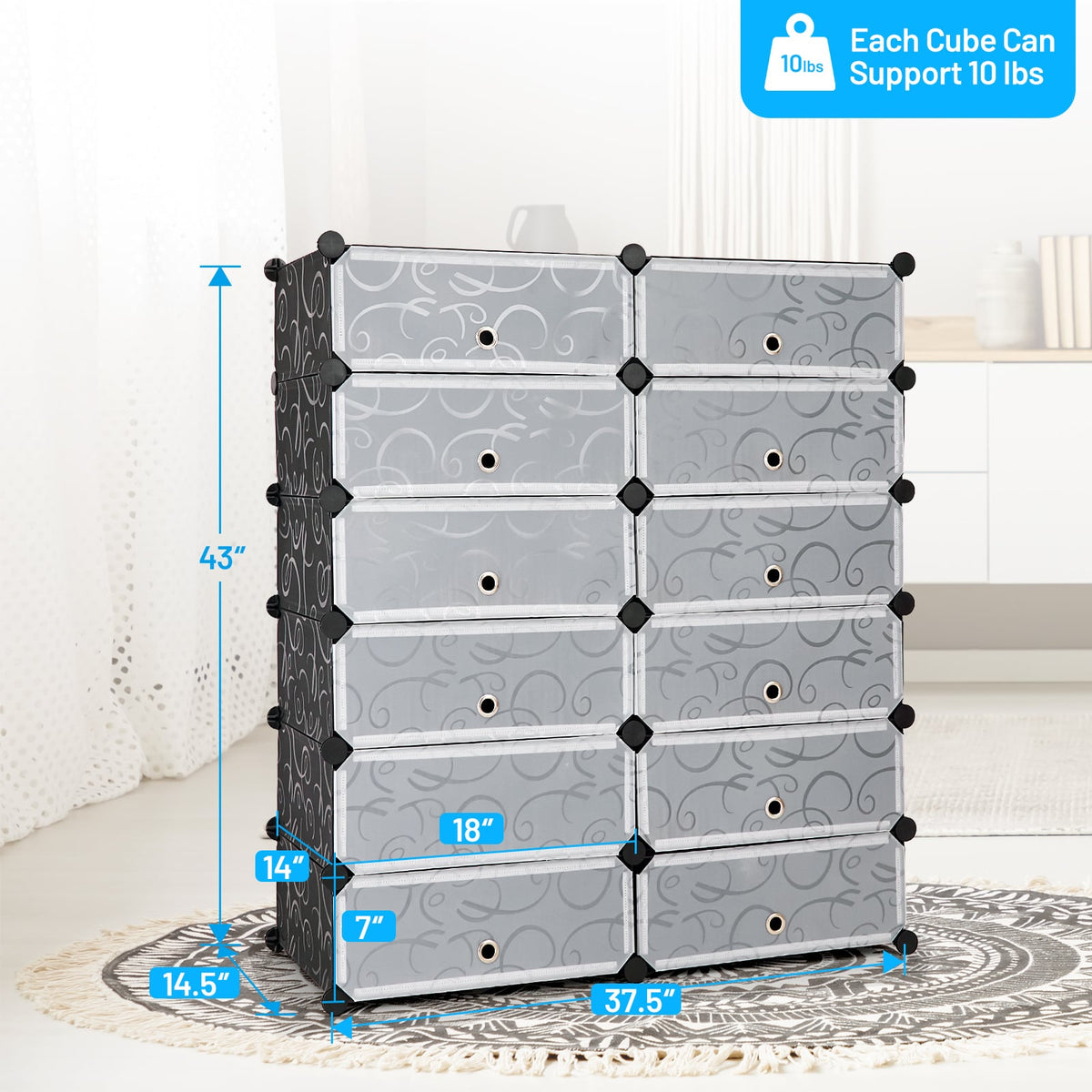 Meuble à chaussures modulaire 12 cubes avec portes transparentes