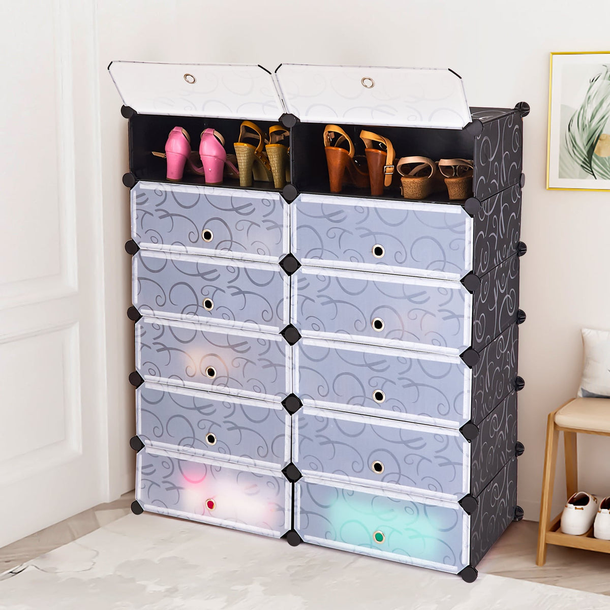 Meuble à chaussures modulaire 12 cubes avec portes transparentes