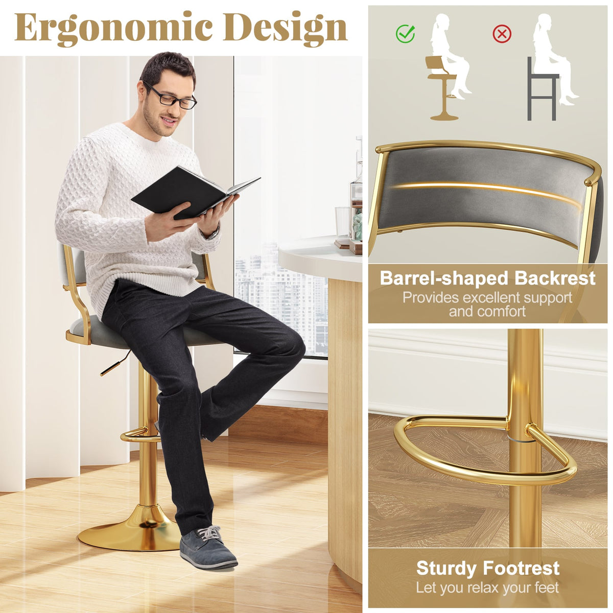 Tabouret de bar pivotant en velours — Lot de 2