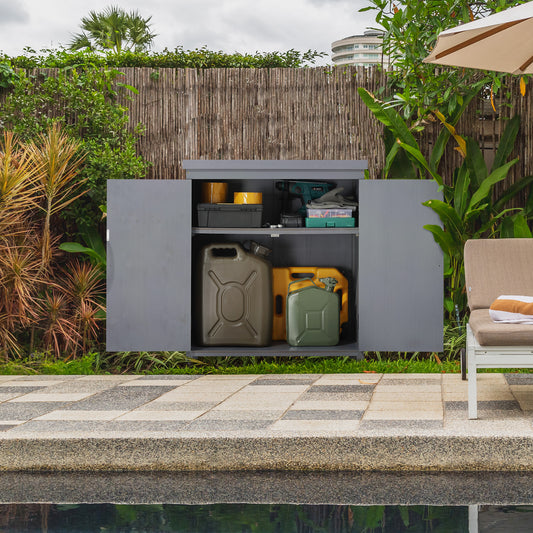 Outdoor Wood Storage Shed with Galvanized Top and Two Shelves