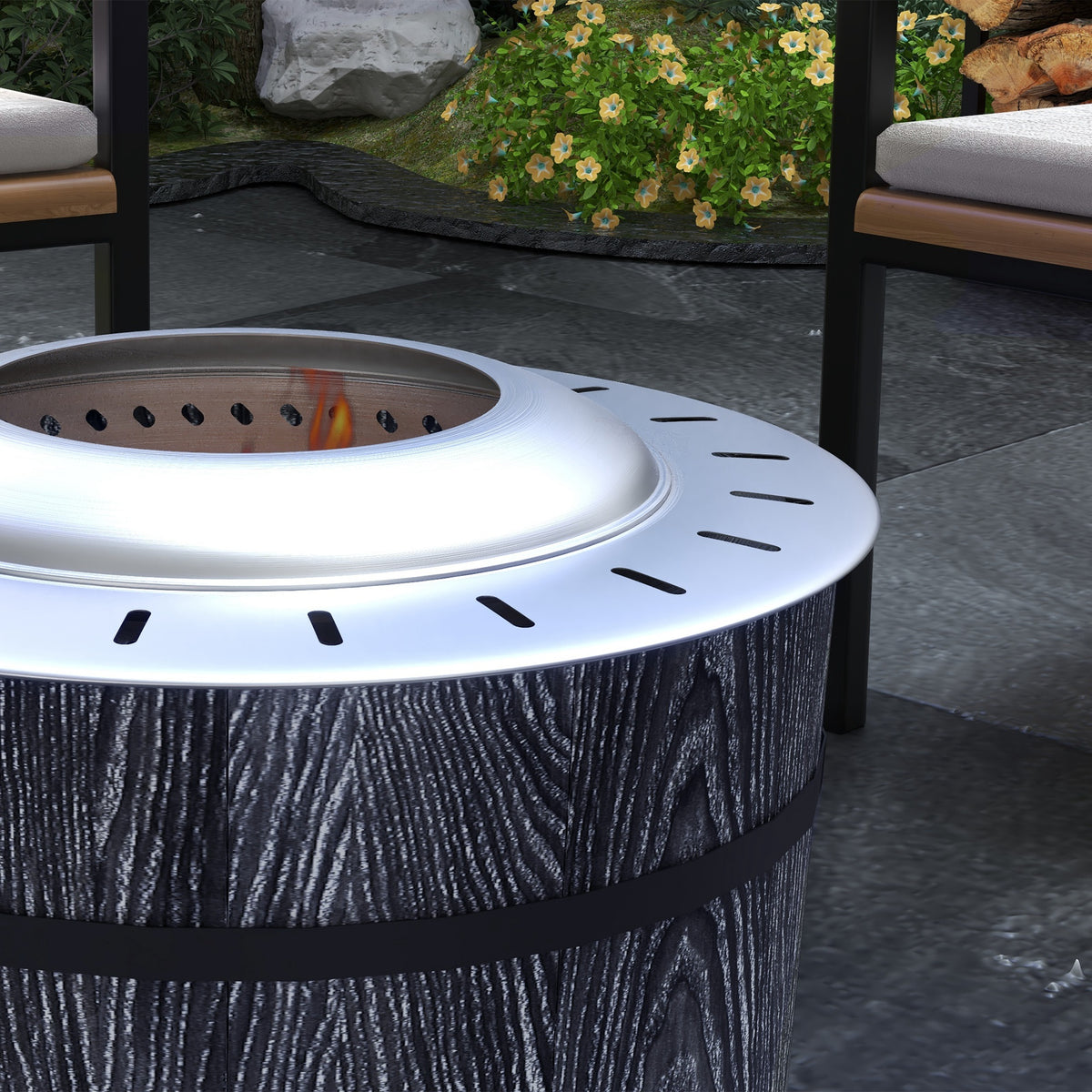 Brasero exterior sin humo con alfombra protectora