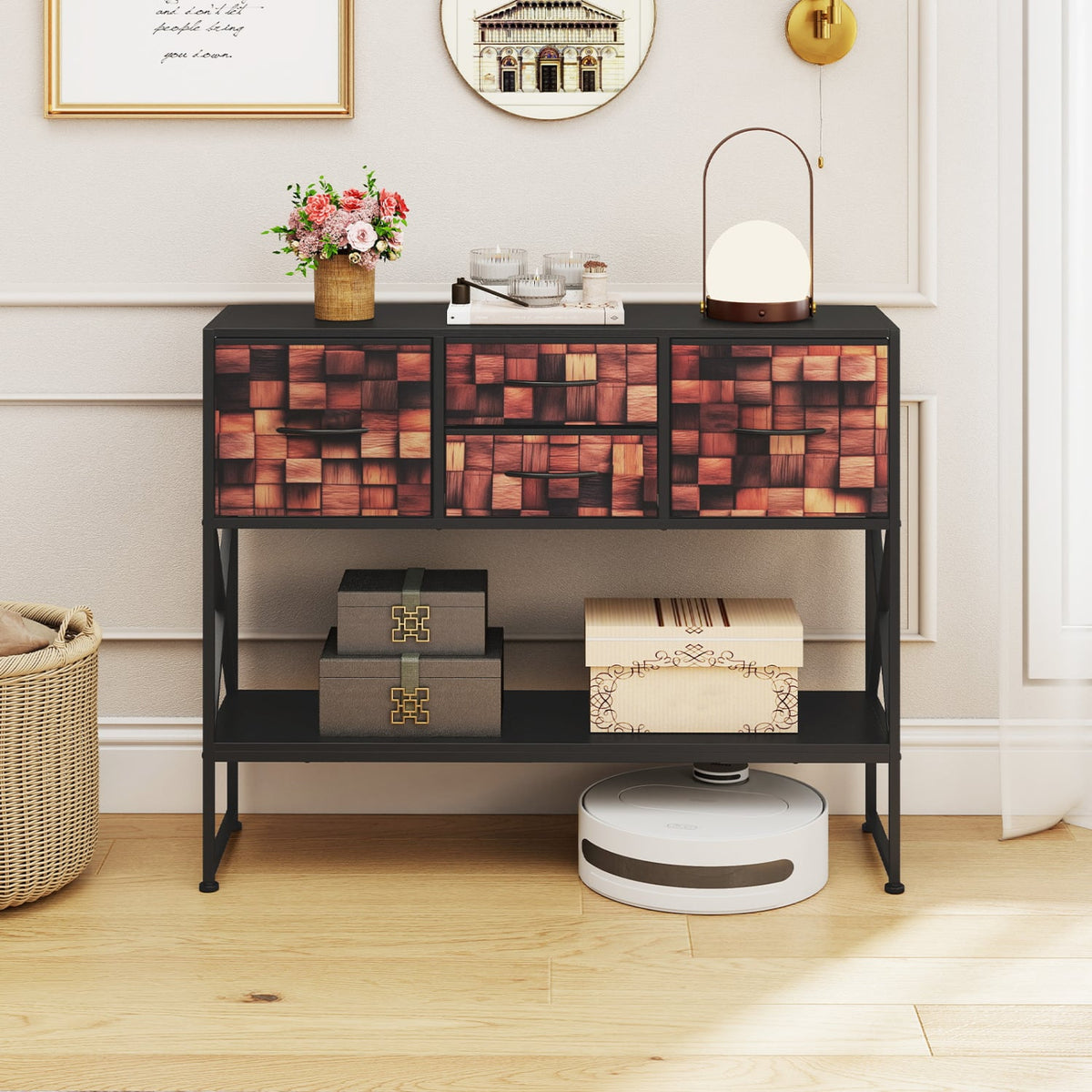 Table console 99 cm avec 4 tiroirs en tissu