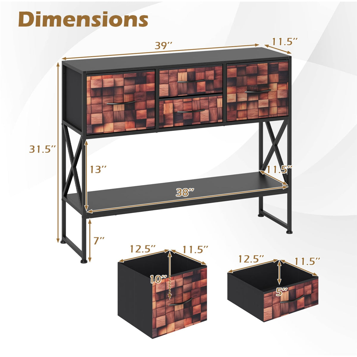 Table console 99 cm avec 4 tiroirs en tissu