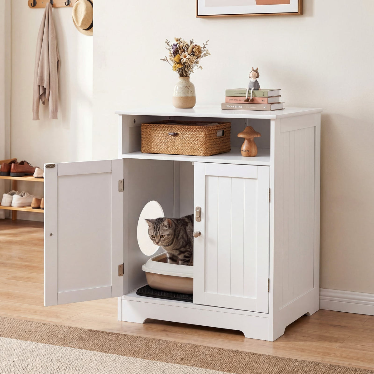 Meuble litière chat caché table d'appoint