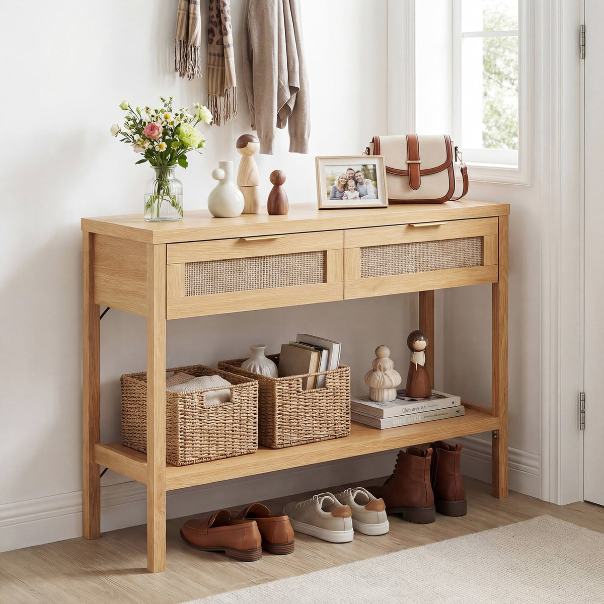 Table console en rotin avec tiroirs