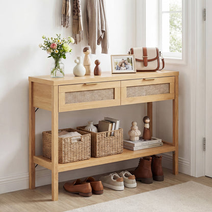 Table console en rotin avec tiroirs