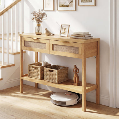 Table console en rotin avec tiroirs