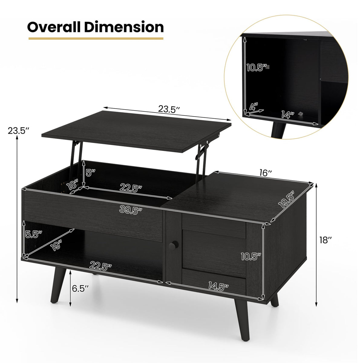 Table basse à plateau relevable avec rangement