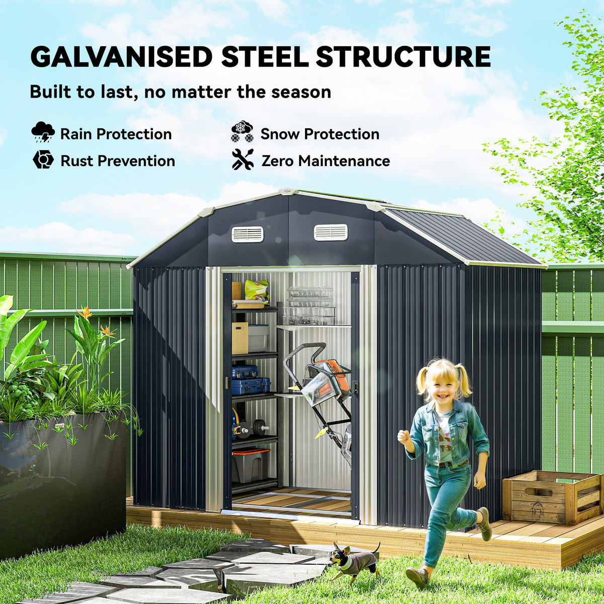 8 x 4 ft Garden Storage Shed Galvanized Steel Sliding Doors