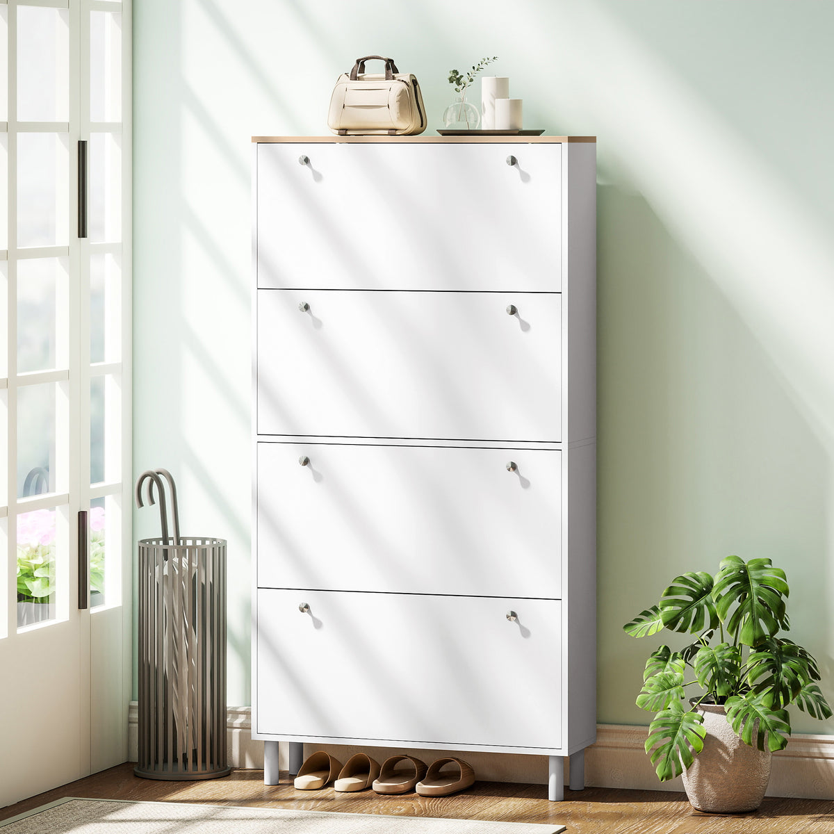 Narrow Shoe Cabinet 4 Flip Drawers — Holds 24–32 Pairs