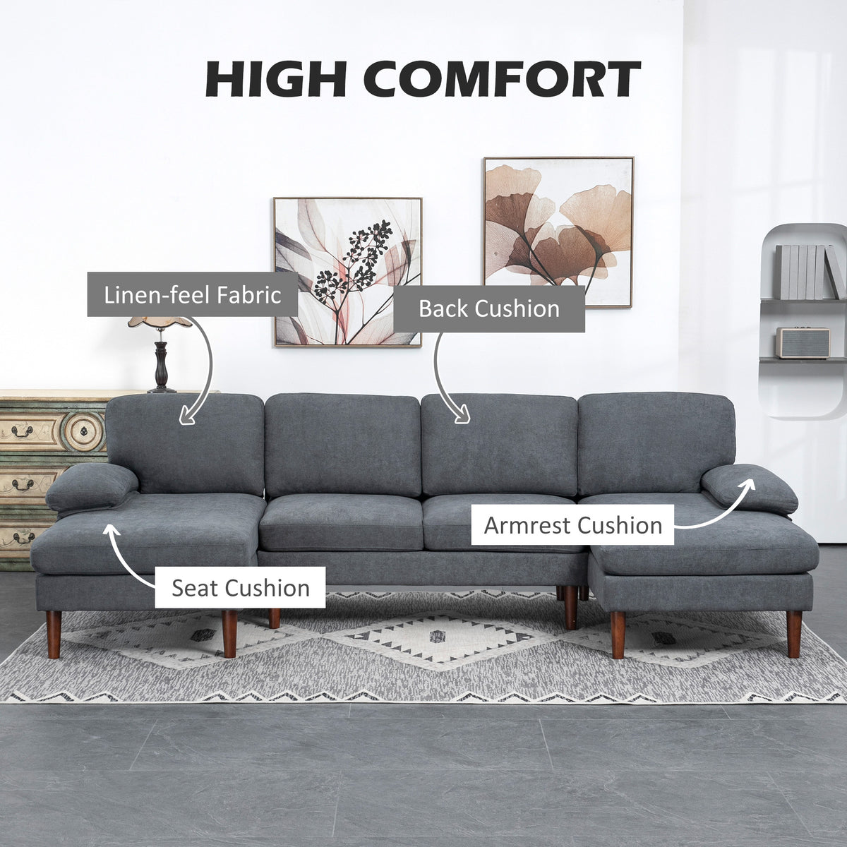 U-Shape Sectional Sofa Double Chaise 4-Seater — Fabric