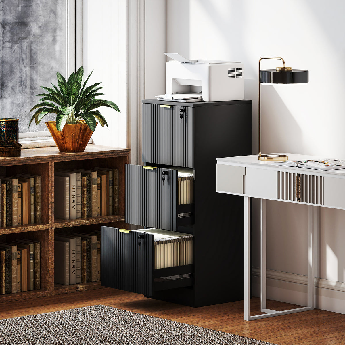 Lockable 3-Drawer Fluted Filing Cabinet for A4 Letter Files