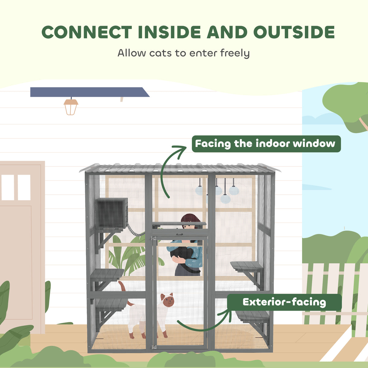 Multi-level outdoor cat enclosure with transparent roof