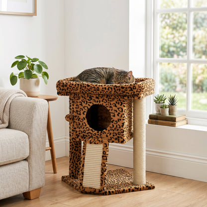 Rascador compacto para gatos con percha y caseta